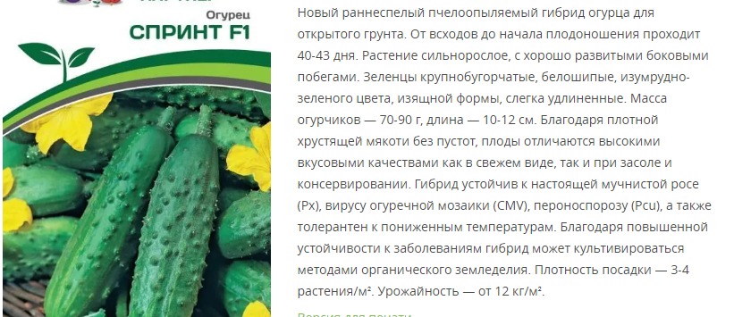 Огурец пчелоопыляемый  Спринт F1 (1 упаковка - 0,05гр)