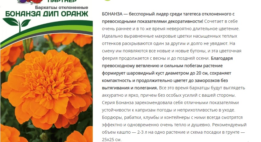Бархатцы отклоненные Бонанза Дип Оранж (1 упаковка - 10 шт.)