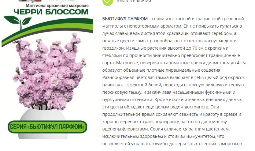 Маттиола срезочная махровая "Бьютифул Парфюм" Черри Блоссом (1 упаковка - 10 шт.)